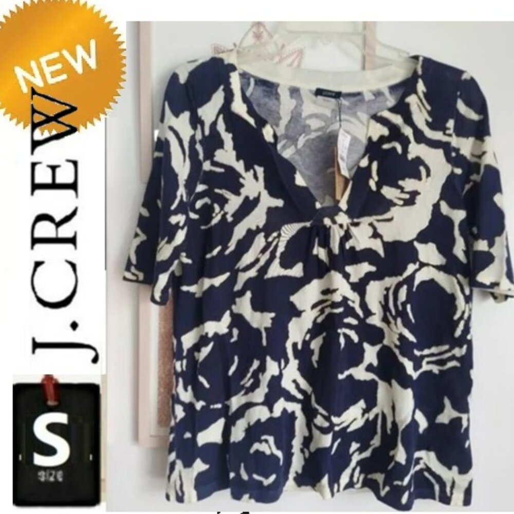 🆕NWT J. Crew cotton hand printed top, blue,  white, gold,  size small